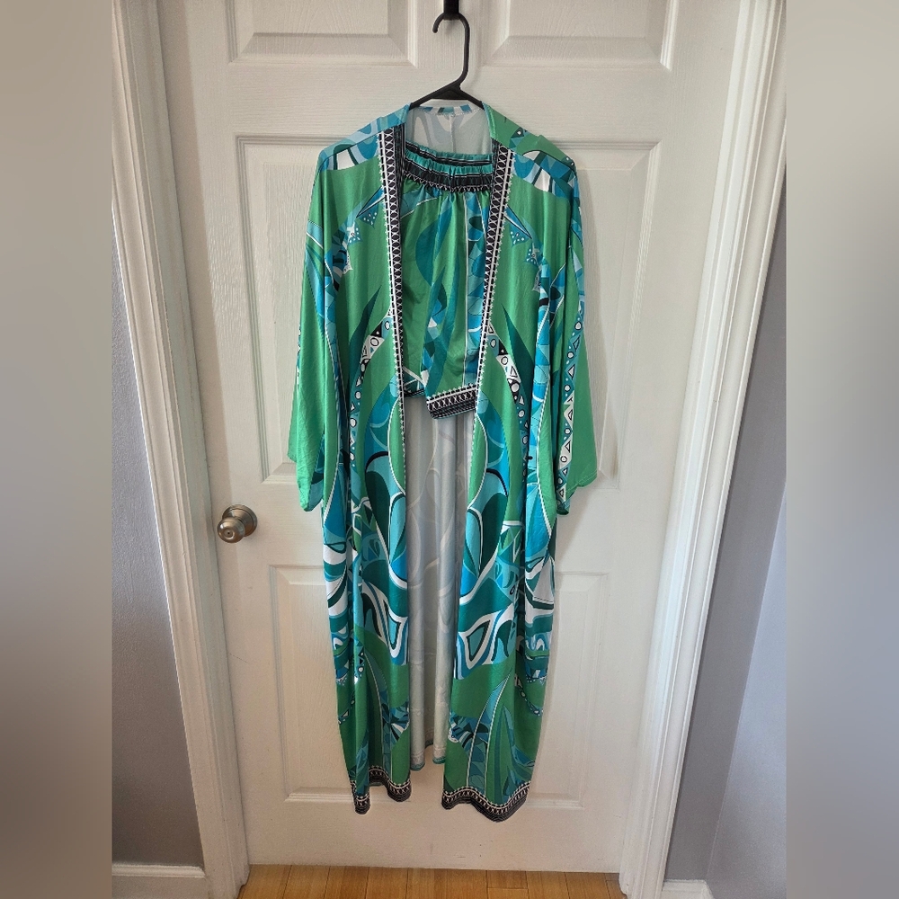 Green and Blue Patterned Kimono & Shorts